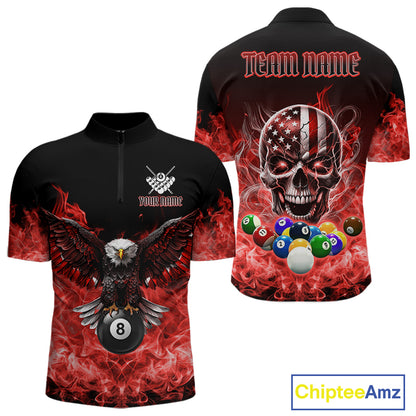 Red Flame Smoke American Flag Eagle Skull Billiard Shirt For Men Custom 8 Ball Pool Team Jersey TDM7821
