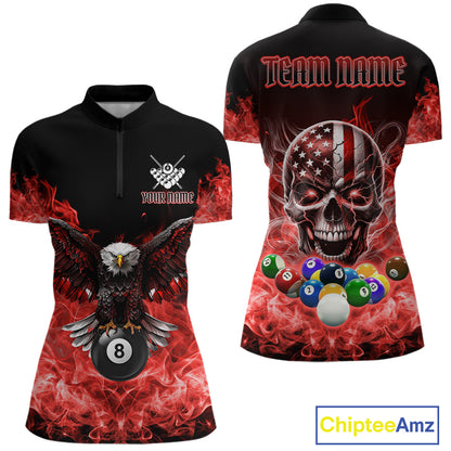 Red Flame Smoke American Flag Eagle Skull Billiard Shirt For Women Custom 8 Ball Pool Team Jersey TDM7821