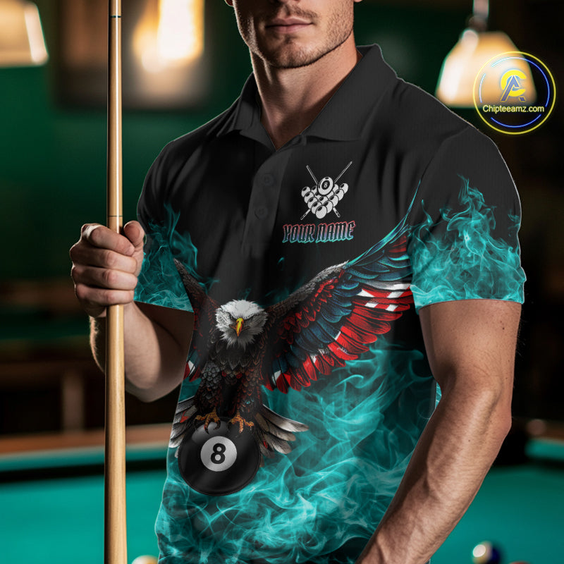 Teal Flame Smoke American Flag Eagle Skull Billiard Shirt For Men Custom 8 Ball Pool Team Jersey TDM7822