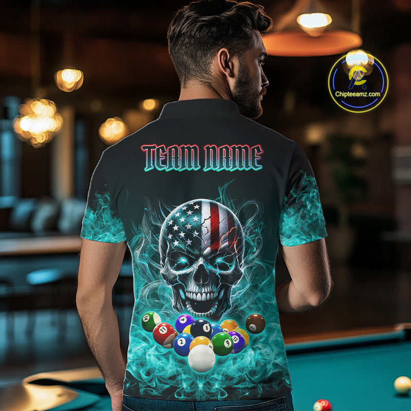 Teal Flame Smoke American Flag Eagle Skull Billiard Shirt For Men Custom 8 Ball Pool Team Jersey TDM7822