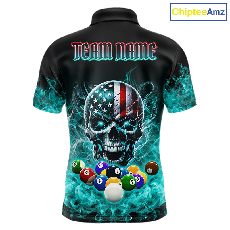 Teal Flame Smoke American Flag Eagle Skull Billiard Shirt For Men Custom 8 Ball Pool Team Jersey TDM7822