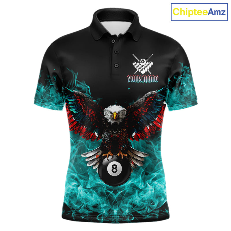 Teal Flame Smoke American Flag Eagle Skull Billiard Shirt For Men Custom 8 Ball Pool Team Jersey TDM7822