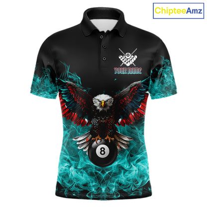 Teal Flame Smoke American Flag Eagle Skull Billiard Shirt For Men Custom 8 Ball Pool Team Jersey TDM7822