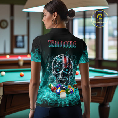Teal Flame Smoke American Flag Eagle Skull Billiard Shirt For Women Custom 8 Ball Pool Team Jersey TDM7822