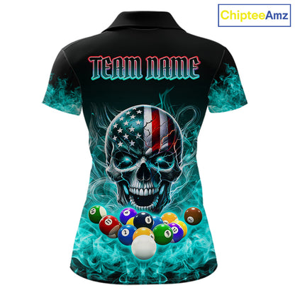 Teal Flame Smoke American Flag Eagle Skull Billiard Shirt For Women Custom 8 Ball Pool Team Jersey TDM7822