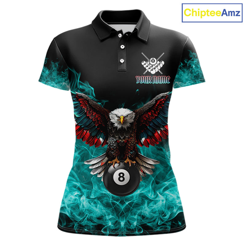 Teal Flame Smoke American Flag Eagle Skull Billiard Shirt For Women Custom 8 Ball Pool Team Jersey TDM7822