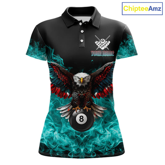 Teal Flame Smoke American Flag Eagle Skull Billiard Shirt For Women Custom 8 Ball Pool Team Jersey TDM7822