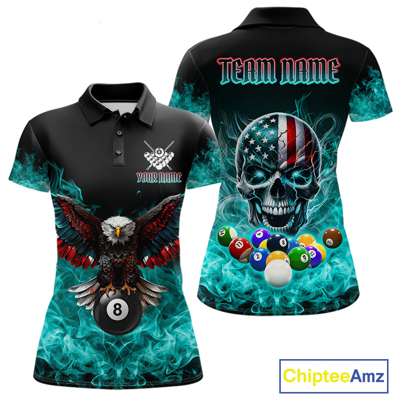 Teal Flame Smoke American Flag Eagle Skull Billiard Shirt For Women Custom 8 Ball Pool Team Jersey TDM7822