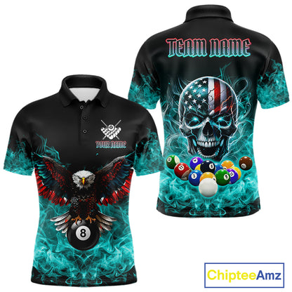 Teal Flame Smoke American Flag Eagle Skull Billiard Shirt For Men Custom 8 Ball Pool Team Jersey TDM7822