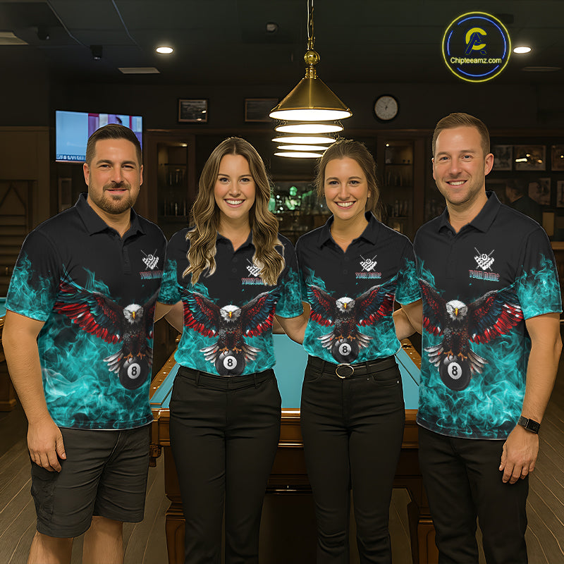 Teal Flame Smoke American Flag Eagle Skull Billiard Shirt For Women Custom 8 Ball Pool Team Jersey TDM7822