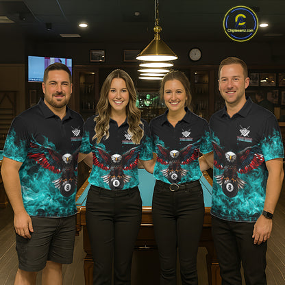 Teal Flame Smoke American Flag Eagle Skull Billiard Shirt For Women Custom 8 Ball Pool Team Jersey TDM7822
