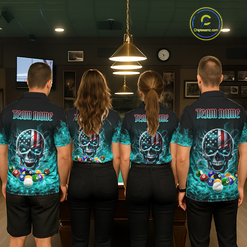 Teal Flame Smoke American Flag Eagle Skull Billiard Shirt For Women Custom 8 Ball Pool Team Jersey TDM7822