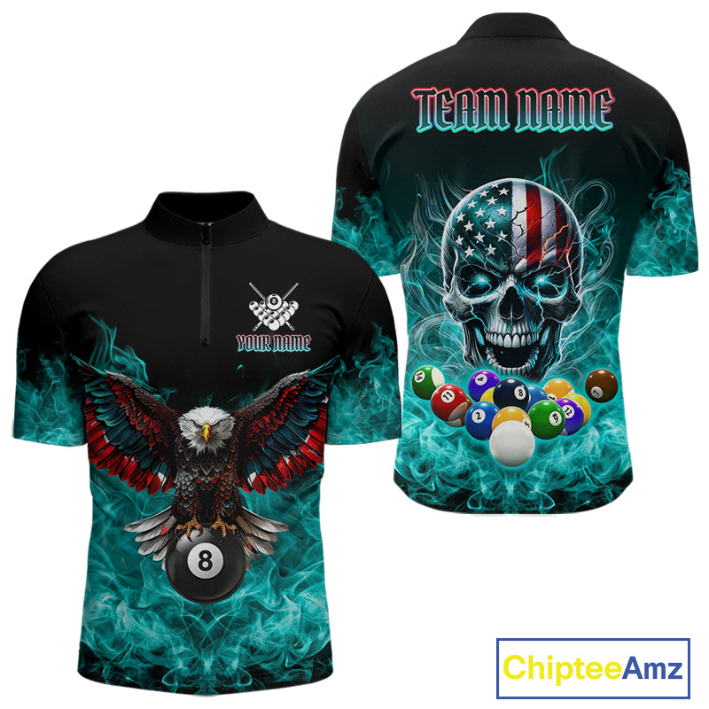 Teal Flame Smoke American Flag Eagle Skull Billiard Shirt For Men Custom 8 Ball Pool Team Jersey TDM7822