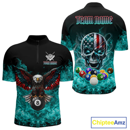 Teal Flame Smoke American Flag Eagle Skull Billiard Shirt For Men Custom 8 Ball Pool Team Jersey TDM7822