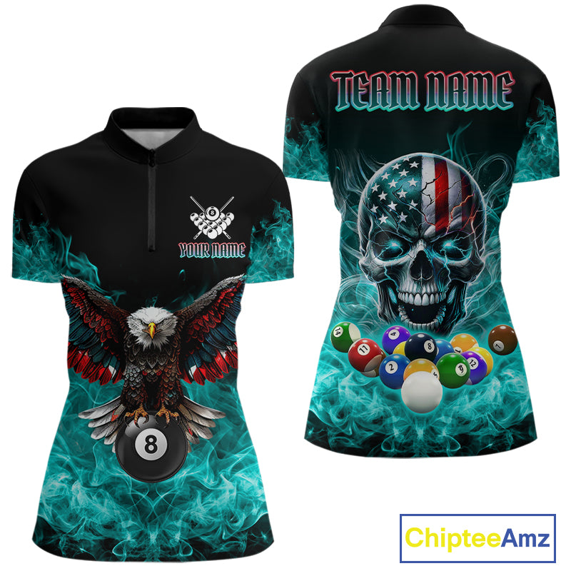 Teal Flame Smoke American Flag Eagle Skull Billiard Shirt For Women Custom 8 Ball Pool Team Jersey TDM7822