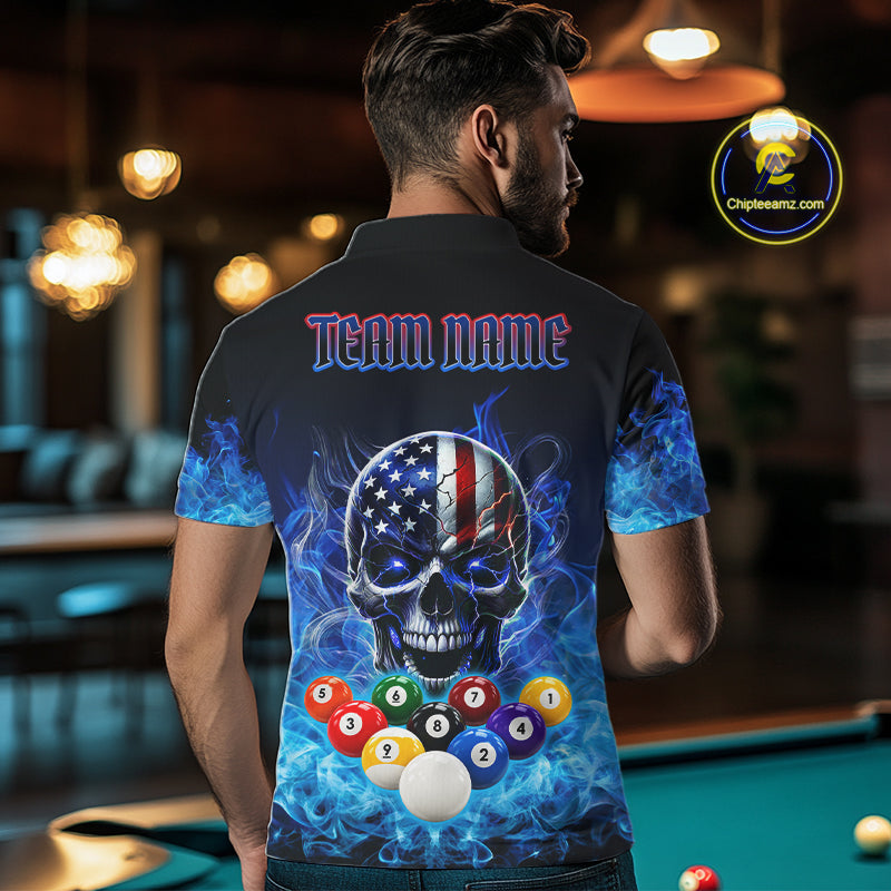 Blue Flame Smoke American Flag Eagle Skull Billiard Shirt For Men Custom 9 Ball Pool Team Jersey TDM7823