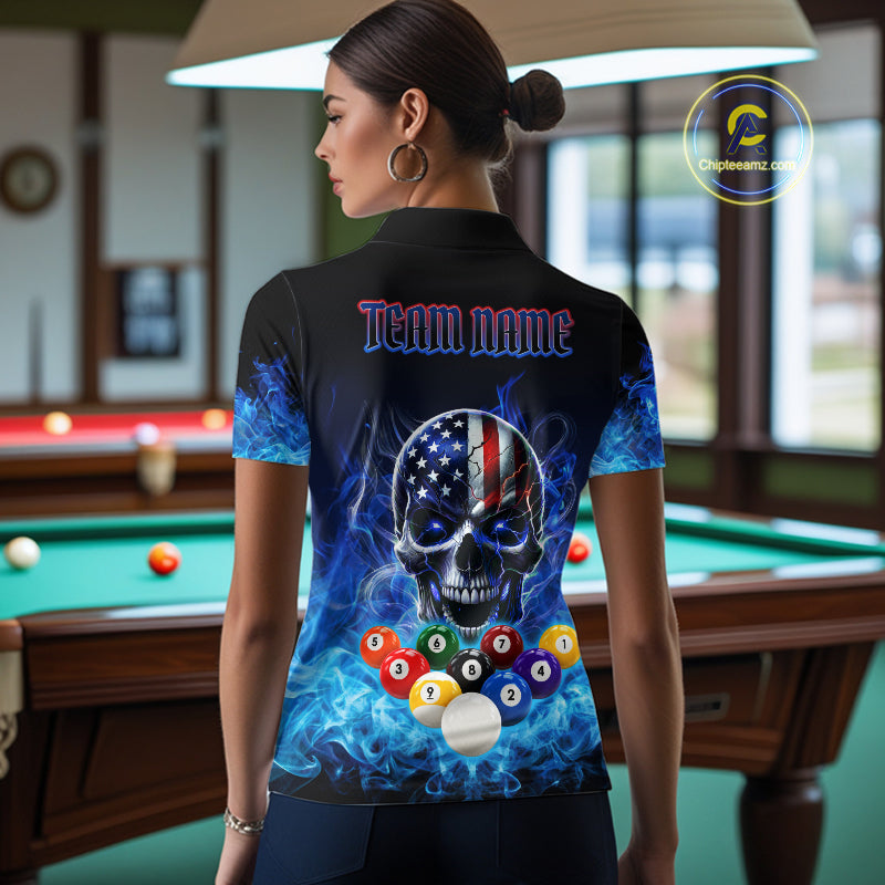 Blue Flame Smoke American Flag Eagle Skull Billiard Shirt For Women Custom 9 Ball Pool Team Jersey TDM7823