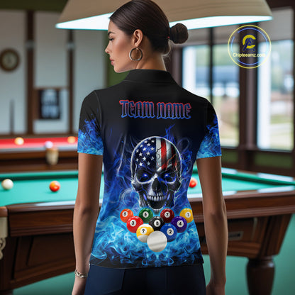 Blue Flame Smoke American Flag Eagle Skull Billiard Shirt For Women Custom 9 Ball Pool Team Jersey TDM7823