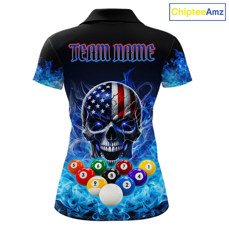Blue Flame Smoke American Flag Eagle Skull Billiard Shirt For Women Custom 9 Ball Pool Team Jersey TDM7823