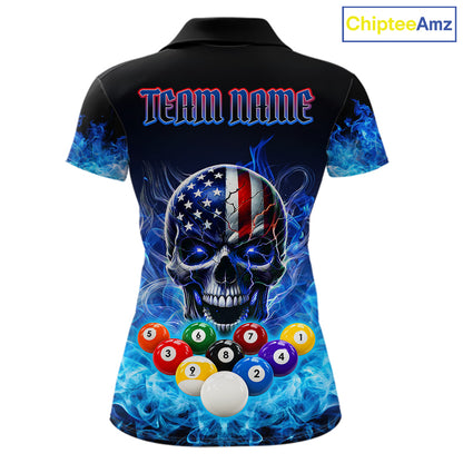 Blue Flame Smoke American Flag Eagle Skull Billiard Shirt For Women Custom 9 Ball Pool Team Jersey TDM7823
