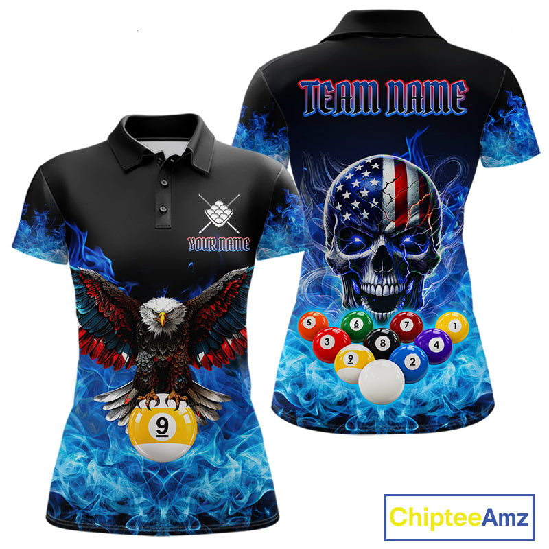 Blue Flame Smoke American Flag Eagle Skull Billiard Shirt For Women Custom 9 Ball Pool Team Jersey TDM7823