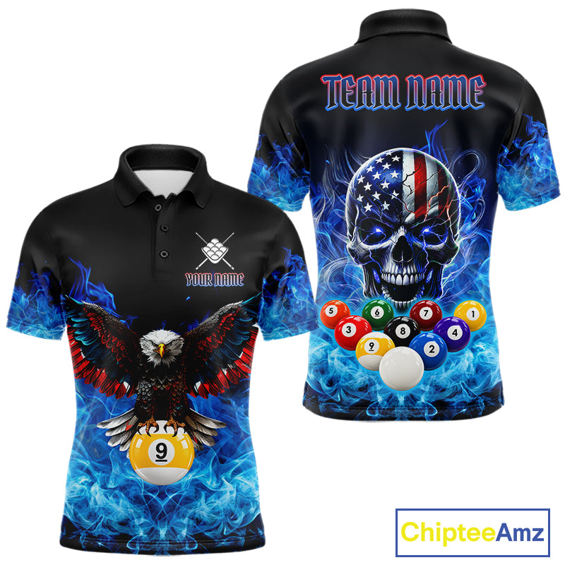 Blue Flame Smoke American Flag Eagle Skull Billiard Shirt For Men Custom 9 Ball Pool Team Jersey TDM7823