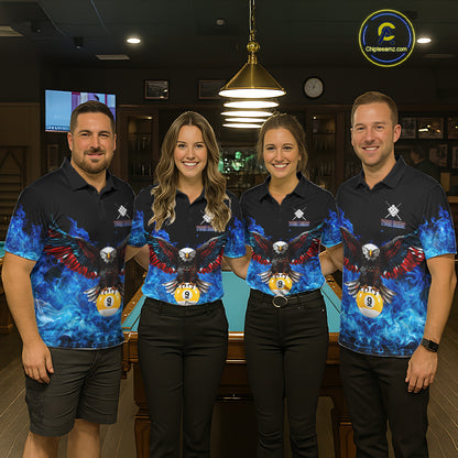 Blue Flame Smoke American Flag Eagle Skull Billiard Shirt For Women Custom 9 Ball Pool Team Jersey TDM7823
