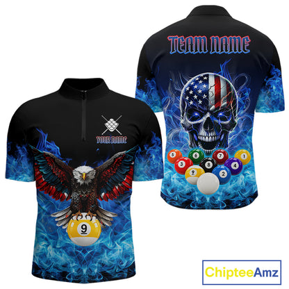Blue Flame Smoke American Flag Eagle Skull Billiard Shirt For Men Custom 9 Ball Pool Team Jersey TDM7823