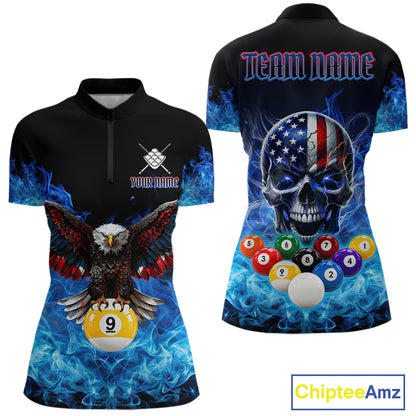 Blue Flame Smoke American Flag Eagle Skull Billiard Shirt For Women Custom 9 Ball Pool Team Jersey TDM7823