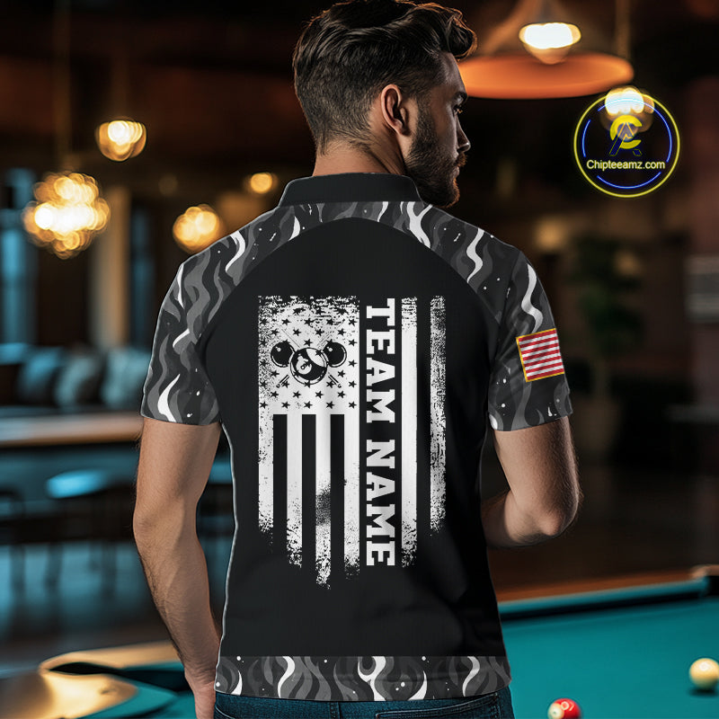 Personalized Retro Camo Flame US Flag Billiard Shirt For Men Custom Pool Team Jersey Polo, 1/4 Zip TDM7827