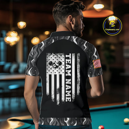 Personalized Retro Camo Flame US Flag Billiard Shirt For Men Custom Pool Team Jersey Polo, 1/4 Zip TDM7827