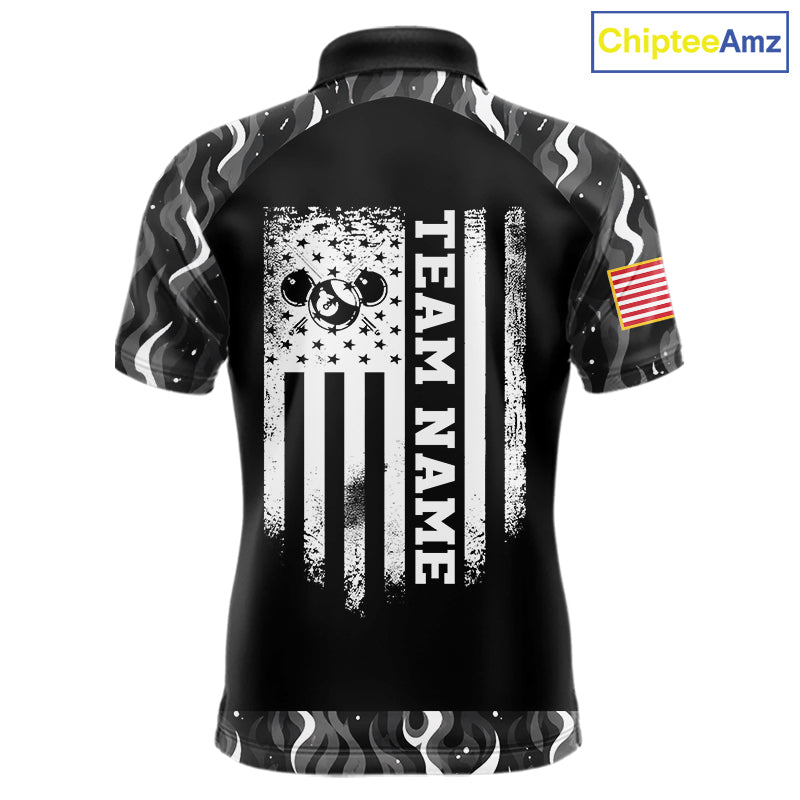 Personalized Retro Camo Flame US Flag Billiard Shirt For Men Custom Pool Team Jersey Polo, 1/4 Zip TDM7827