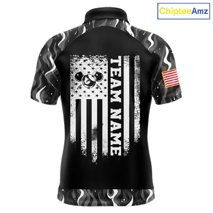 Personalized Retro Camo Flame US Flag Billiard Shirt For Men Custom Pool Team Jersey Polo, 1/4 Zip TDM7827