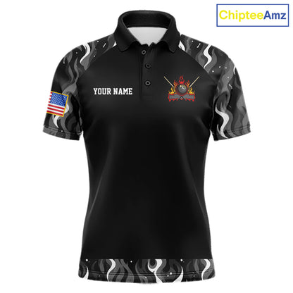 Personalized Retro Camo Flame US Flag Billiard Shirt For Men Custom Pool Team Jersey Polo, 1/4 Zip TDM7827