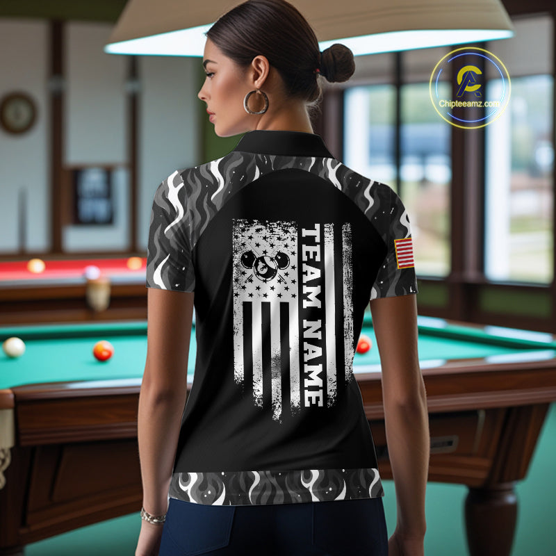 Personalized Retro Camo Flame US Flag Billiard Shirt For Women Custom Pool Team Jersey Polo, 1/4 Zip TDM7827