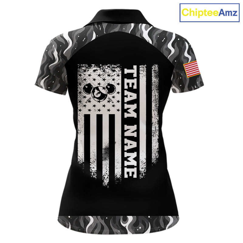 Personalized Retro Camo Flame US Flag Billiard Shirt For Women Custom Pool Team Jersey Polo, 1/4 Zip TDM7827