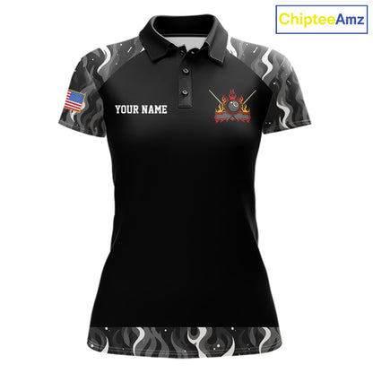 Personalized Retro Camo Flame US Flag Billiard Shirt For Women Custom Pool Team Jersey Polo, 1/4 Zip TDM7827