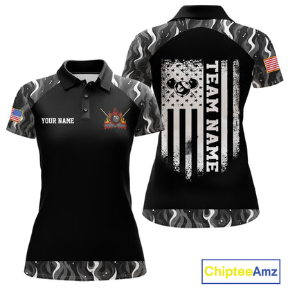 Personalized Retro Camo Flame US Flag Billiard Shirt For Women Custom Pool Team Jersey Polo, 1/4 Zip TDM7827