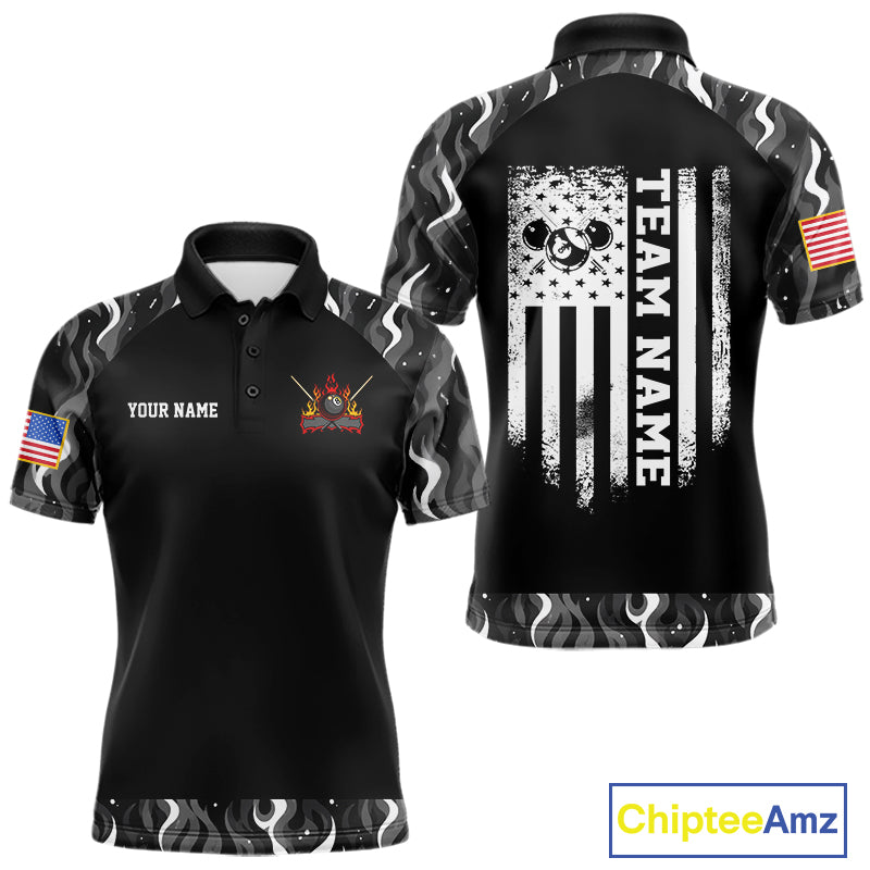 Personalized Retro Camo Flame US Flag Billiard Shirt For Men Custom Pool Team Jersey Polo, 1/4 Zip TDM7827