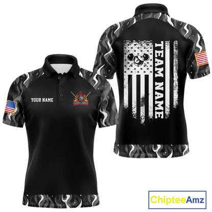 Personalized Retro Camo Flame US Flag Billiard Shirt For Men Custom Pool Team Jersey Polo, 1/4 Zip TDM7827