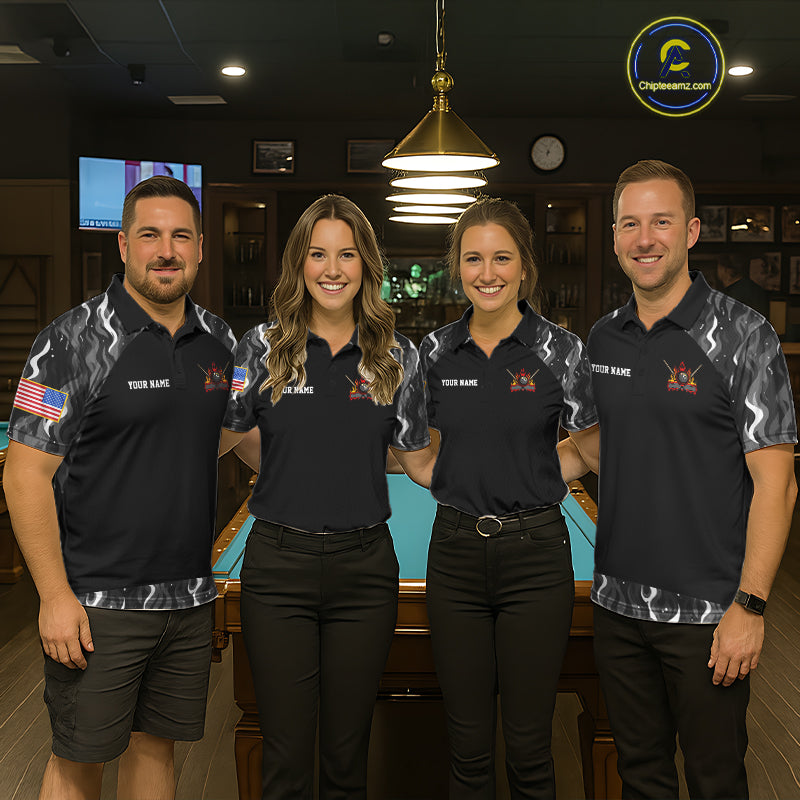 Personalized Retro Camo Flame US Flag Billiard Shirt For Men Custom Pool Team Jersey Polo, 1/4 Zip TDM7827