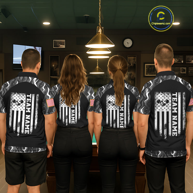 Personalized Retro Camo Flame US Flag Billiard Shirt For Men Custom Pool Team Jersey Polo, 1/4 Zip TDM7827