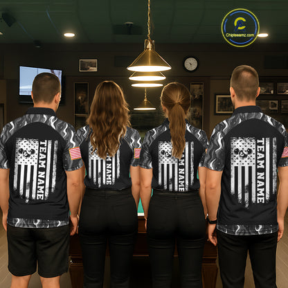Personalized Retro Camo Flame US Flag Billiard Shirt For Men Custom Pool Team Jersey Polo, 1/4 Zip TDM7827