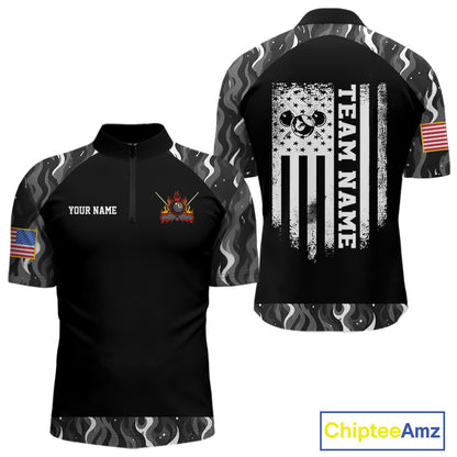 Personalized Retro Camo Flame US Flag Billiard Shirt For Men Custom Pool Team Jersey Polo, 1/4 Zip TDM7827