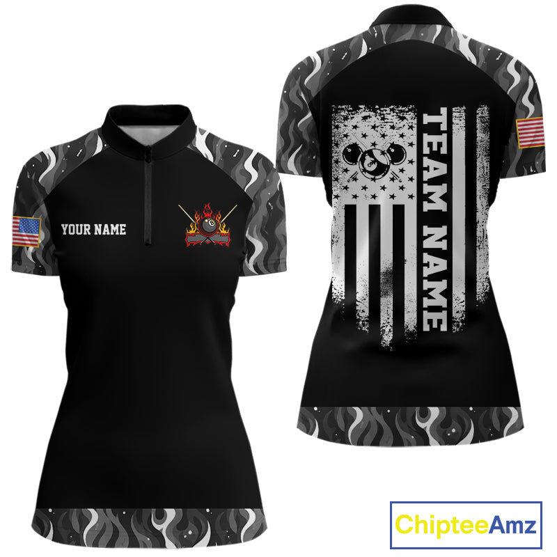 Personalized Retro Camo Flame US Flag Billiard Shirt For Women Custom Pool Team Jersey Polo, 1/4 Zip TDM7827