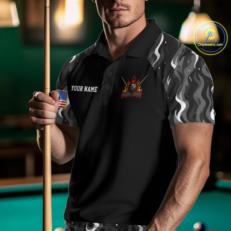 Custom Vintage Camo Flame US Flag Billiard Shirt For Men, 8 Ball Pool Team Jersey Polo & 1/4 Zip TDM7828