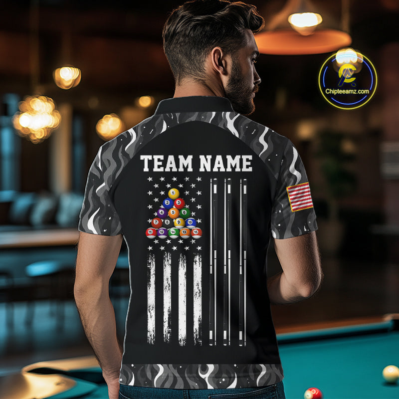 Custom Vintage Camo Flame US Flag Billiard Shirt For Men, 8 Ball Pool Team Jersey Polo & 1/4 Zip TDM7828