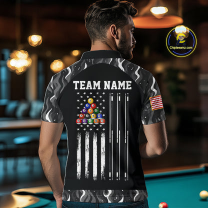 Custom Vintage Camo Flame US Flag Billiard Shirt For Men, 8 Ball Pool Team Jersey Polo & 1/4 Zip TDM7828