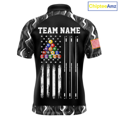 Custom Vintage Camo Flame US Flag Billiard Shirt For Men, 8 Ball Pool Team Jersey Polo & 1/4 Zip TDM7828