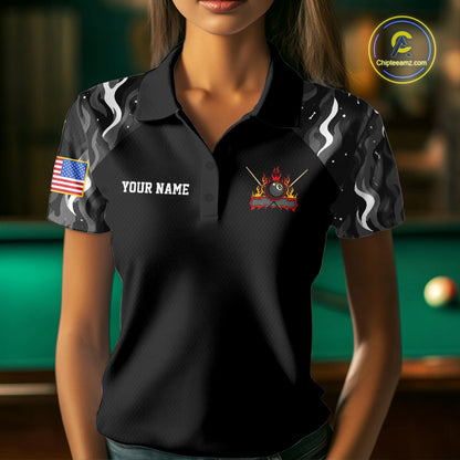 Custom Vintage Camo Flame US Flag Billiard Shirt For Women, 8 Ball Pool Team Jersey Polo & 1/4 Zip TDM7828